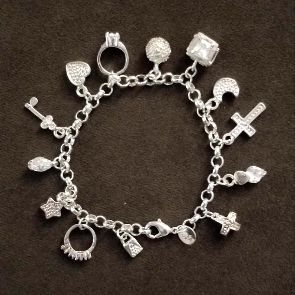VINTAGE SILVERTONE 13 CHARM BRACELET - 7 1/4" - FUN!!